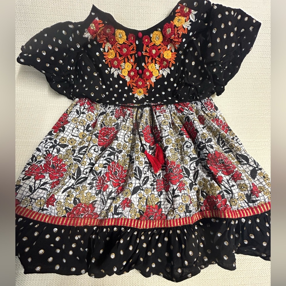 Floral Embroidered Dress with Polka Dots
